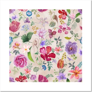 Various flowers seamless watercolor pattern. Spring blooming garden. Different wildflowers blossom. Colorful summer floral composition Posters and Art